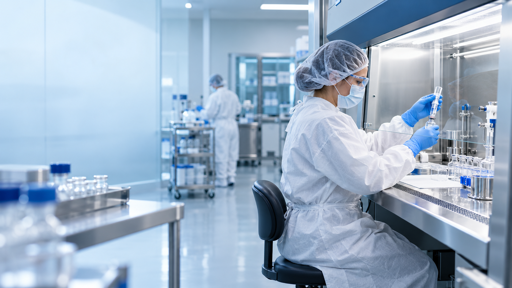 Pharmacy professional working inside a modern sterile compounding environment